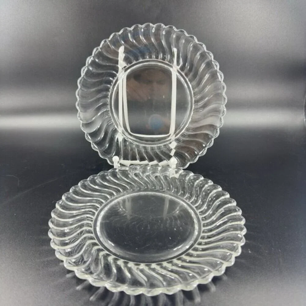 Fostoria Colony Swirl Dish Plate Set 2 Clear Glass Manganese 365nm Green UV Glow